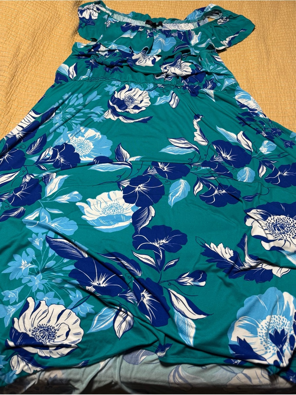 Floral Off-Shoulder One-Piece Dress in Teal and Blue